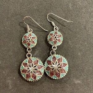 Blue and Purple Enamel Flower Puff Pendant Drop Earrings